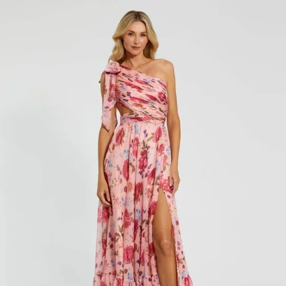 ieena for mac duggal pink dress Pink Strapless Satin High Low Gown with Rosettes